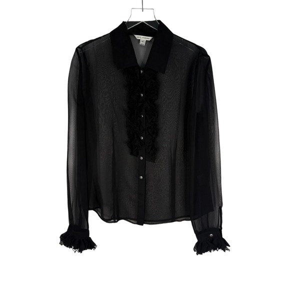 St John Womens Black Sheer Ruffle Front Button Up Blouse Size 10 Crystal Buttons - Picture 12 of 14